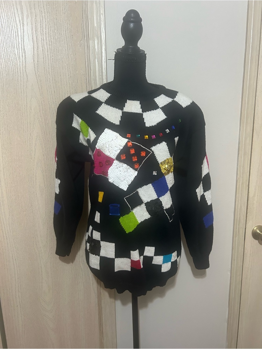 Black Checkerboard Patchwork Sweater with Multicolor Accents